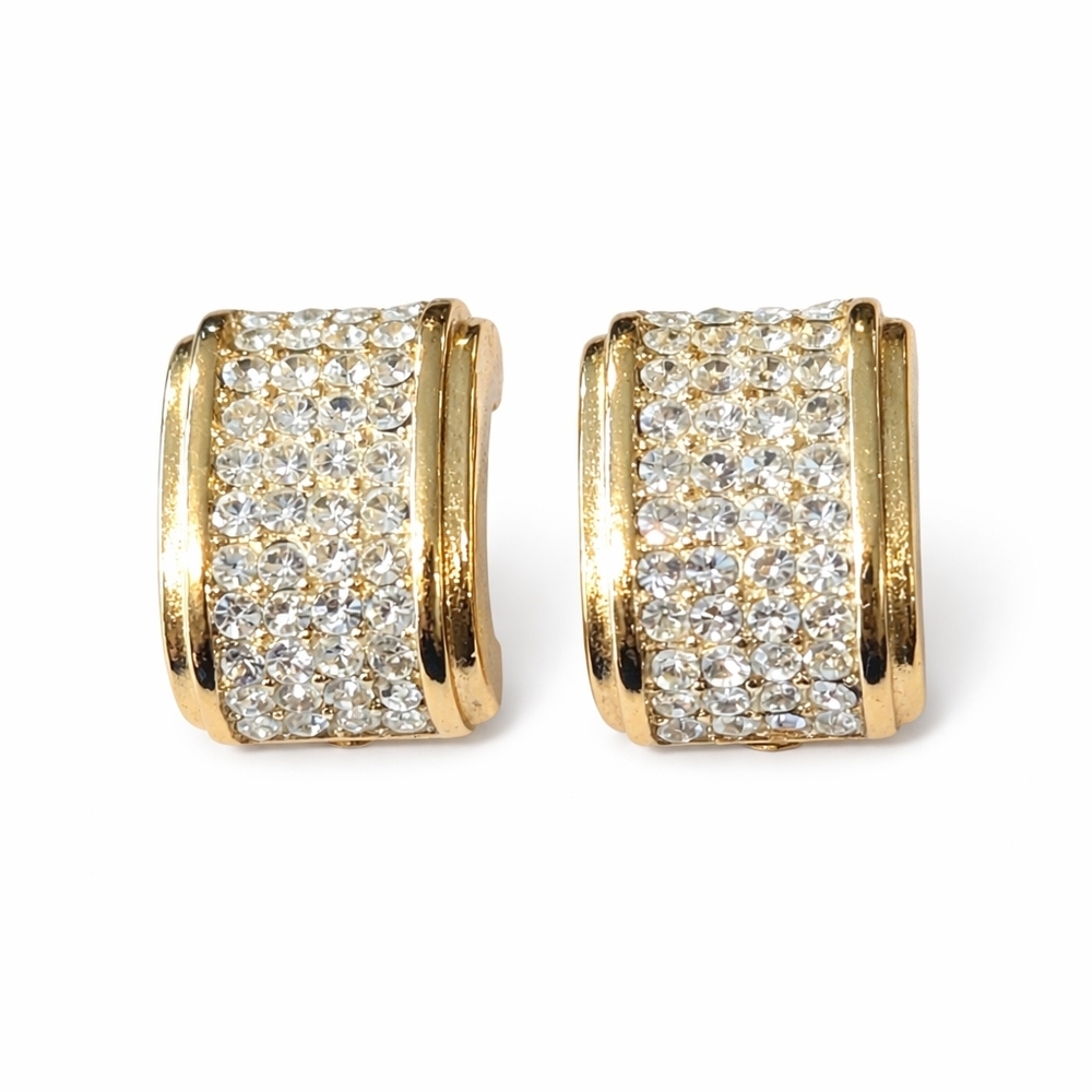 Vintage Dior Pavé Rhinestone Clip Earrings Gold Tone Designer